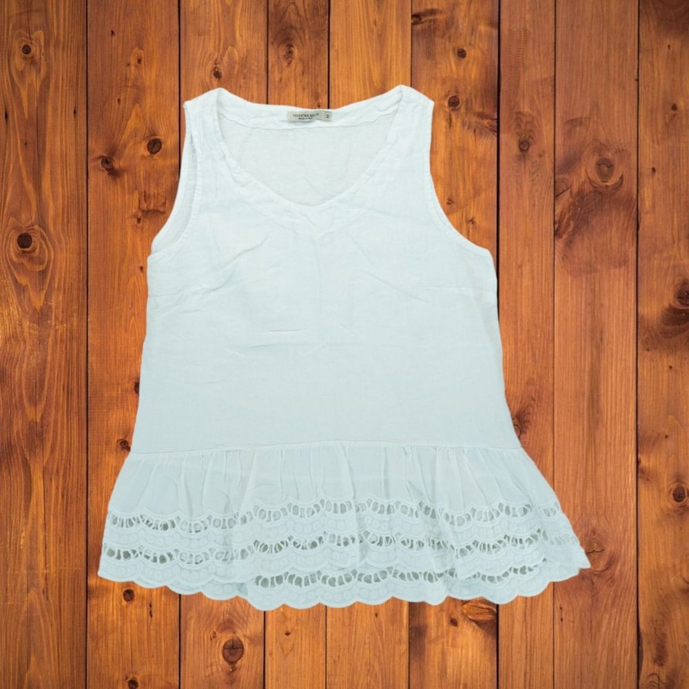 Valentina Naldi Top Womens Medium White‎ Linen Tank Scalloped Boho Coastal